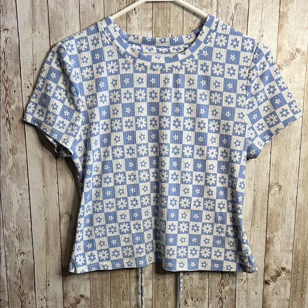 Blue and White Floral Checkered Women's Top